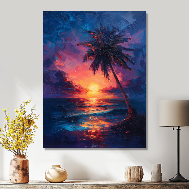 «Pink Palm Trees Sunset Silhouette - Palmiers et palmiers», impression d'art mural, H 30 po x l 40 po, Toile tendue