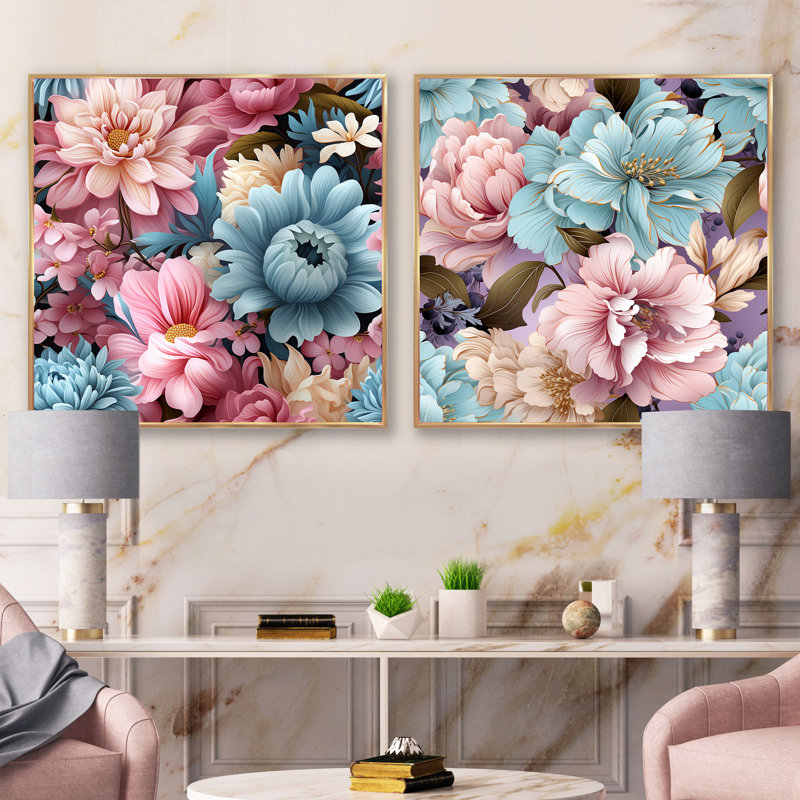Annaelle - Ensemble de 2 collages carrés floraux, Cadre flottant doré, H 36 po x l 73 po