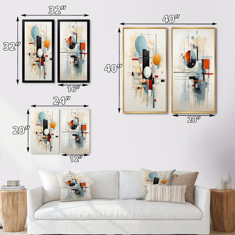 «Beige Blue Suprematism Geometric Explorations», 2 pièces, Cadre noir, H 24 po x l 20 po