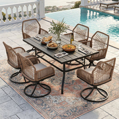Ensemble repas d'extérieur 7 pièces, chaises pivotantes en rotin torsadé avec coussins beiges