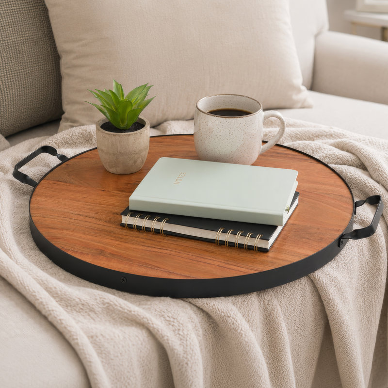 Grand plateau de service rond en bois de manguier avec poignées, 53 x 4,1 cm. Plateau extra large idéal pour table basse, pouf, plats et boissons. Parfait pour les fêtes, les événements et la décoration.