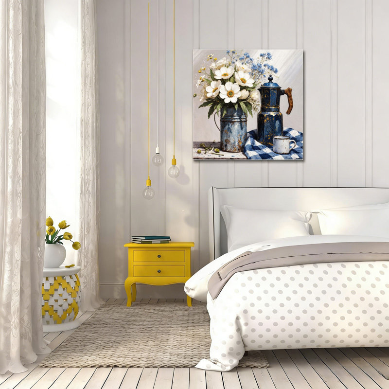 «Farmhouse Decor Vintage Coffee Pot & Wildflowers», art mural en bois 16 po x 16 po