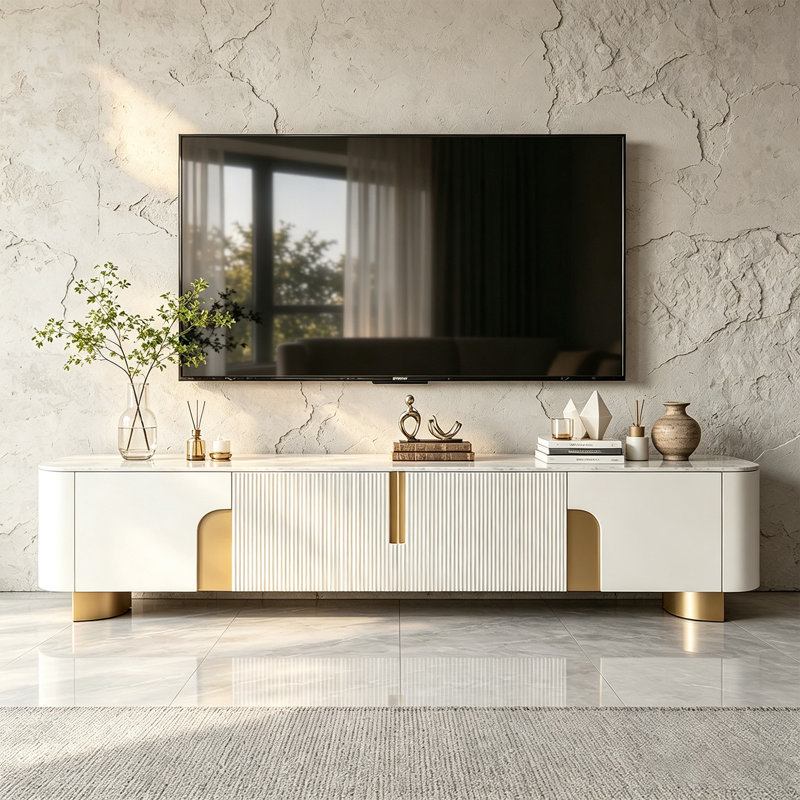 79'' Modern Beige Rectangular TV Stands with 4 Storages, Glossy Pandora Sintered Stone Table Top, Not Assembly Needed