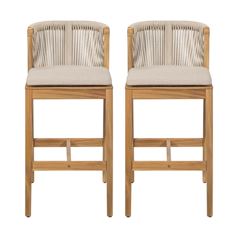 Ensemble de 2 tabourets d'extérieur Louie en bois de teck avec coussin beige