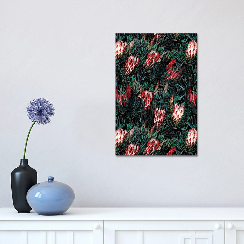 Protea Floral Night Pattern by Burcu Korkmazyurek - Wrapped Canvas Painting, 30.48 cm H x 45.72 cm W