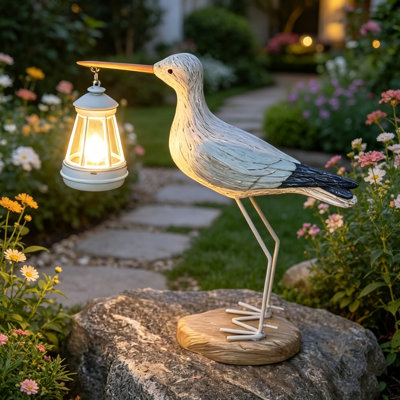 Lanterne de jardin solaire en forme de mouette 13,8 po - résine résistante aux intempéries, lanterne à bec chaud, décor de jardin pour porche de patio, cadeau unique pour les femmes épouse