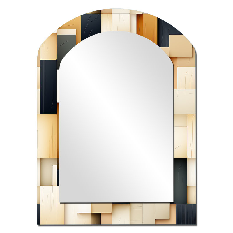 Abstrait blocs taupe Blockchain - miroir décoratif arqué géométrique, miroir mural asymétrique moderne, art imprimé en métal