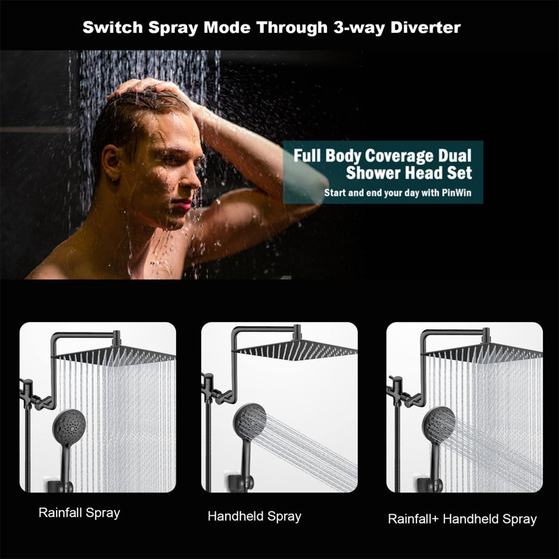Upgraded Dual Showerhead System – 12-Inch Rainfall Shower Combo With Adjustable Extension Arm & 6-Setting Handheld Spray (High-Pressure For Low Water Flow)