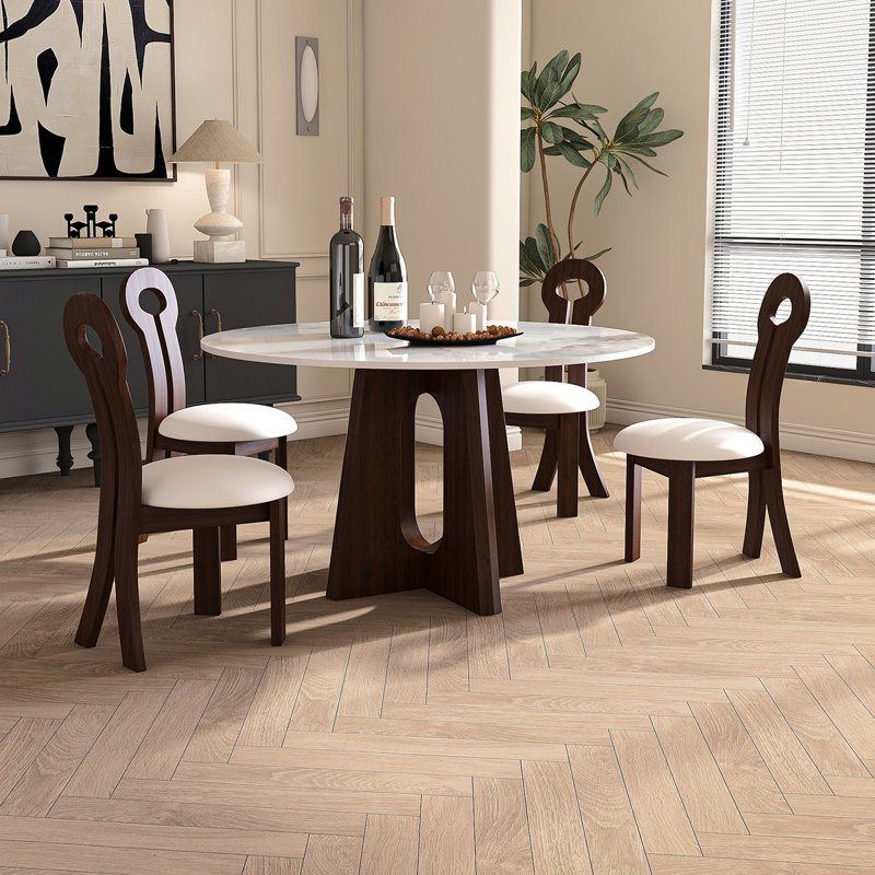 Modern Marble Dining Table, 53" Sintered Stone Round Dining Table With Solid Wood Walnut Base, Sturdy Cross Design For 4-6 People-Walnut (With 4 Chairs)