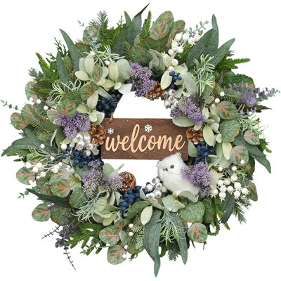 Couronne d'hiver - tons mauves et naturels - hibou et panneau de bienvenue avec eucalyptus et pommes de pin pour porte, mur, décor de maison de campagne intérieur / extérieur