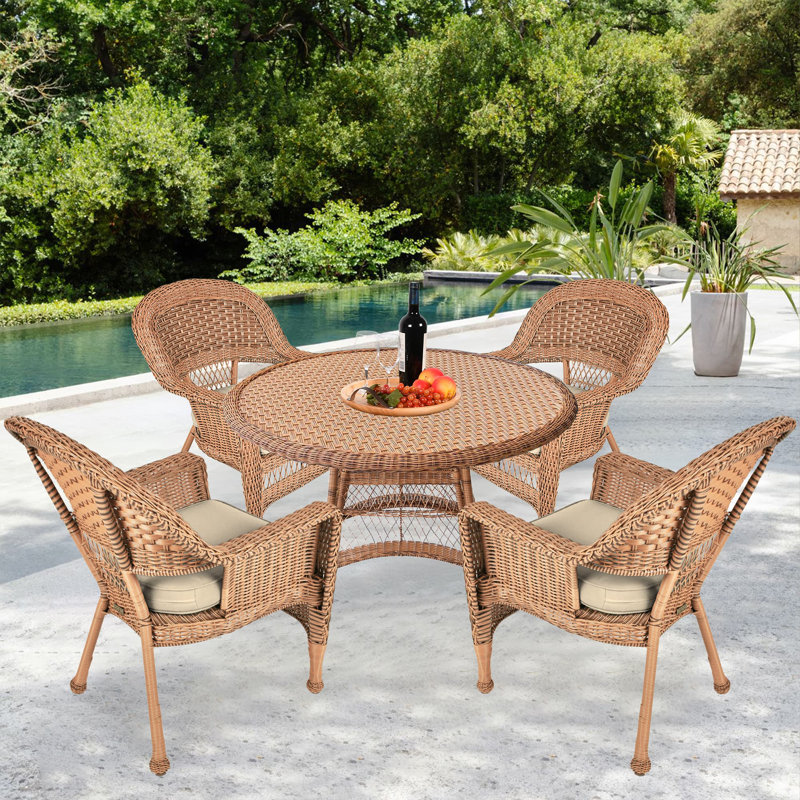 4 - Person Patio Dining Set with Round Table , Cushions Included, Honey, Tan