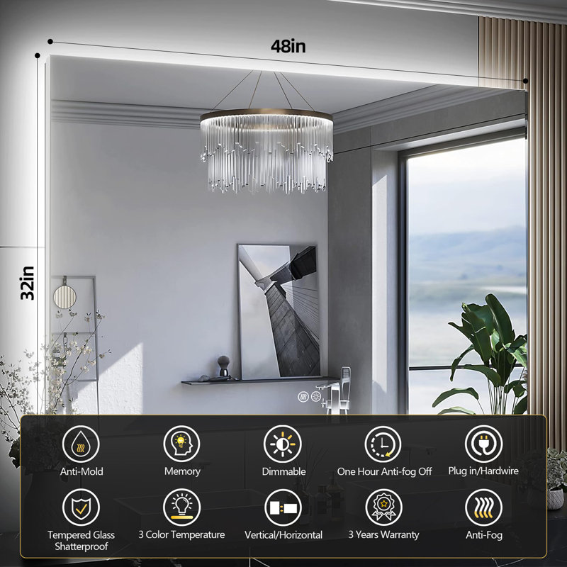 Anti-Fog & Dimmer Memory Function Tempered Glass LED Backlit Mirror with ETL, 48" x 32"