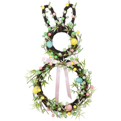 18" Easter Bunny Wreath – Small Bunny Shape Wreath With Pink Green & Yellow Berry And Egg Decorations, Front Door Easter Decor, Spring Wreaths For Home And Porch