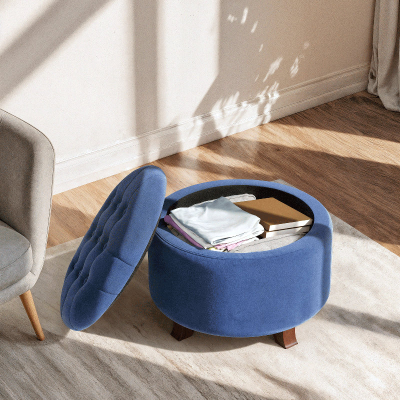 20" W Tufted Round Storage Ottoman , Navy