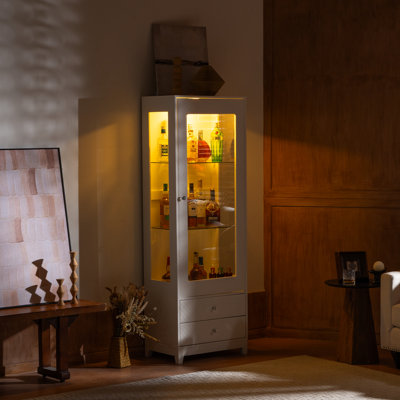 Armoire à vin 71 po autoportante avec vue panoramique 180 po, portes rembourrées, 2 tiroirs de rangement, porte vitrée, tablettes réglables, plafond à DEL 5 couleurs pour la configuration de la salle à manger - éléments blancs, vue