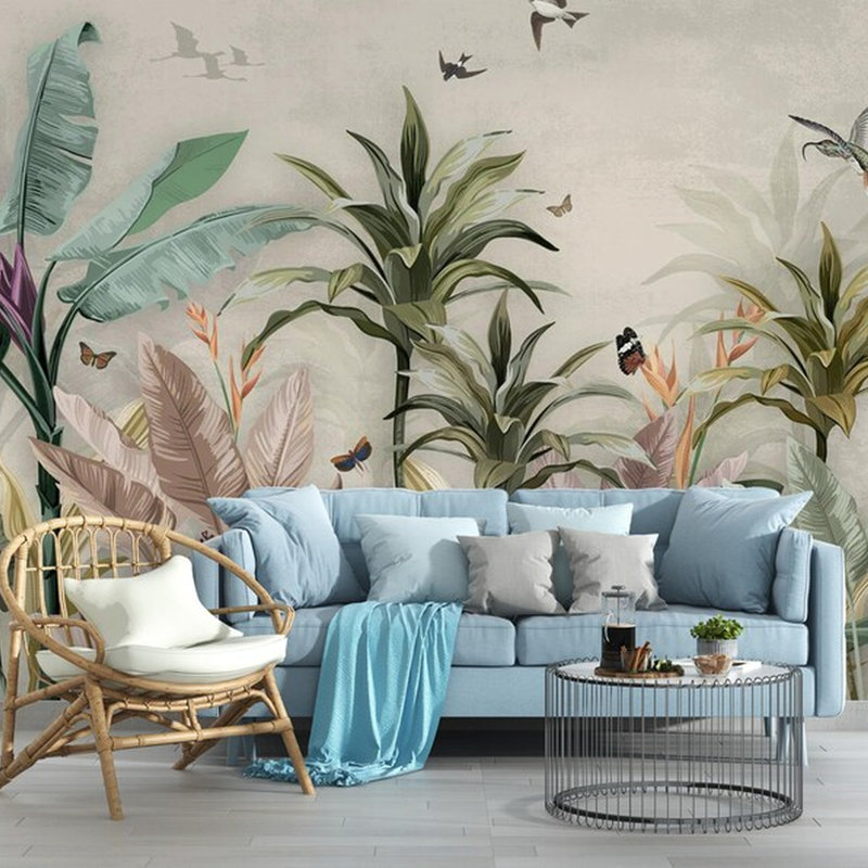 Murale jungle tropicale avec oiseaux, L 108 po x l 96 po