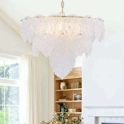 6-Light Modern Gold Chandelier with Clear Glass Leaf Shades - 2 Size 3-Tier Round Pendant Light, Adjustable Height 13.8"-100.4", Dual Installation, Sloped Ceiling Compatible, ETL Listed