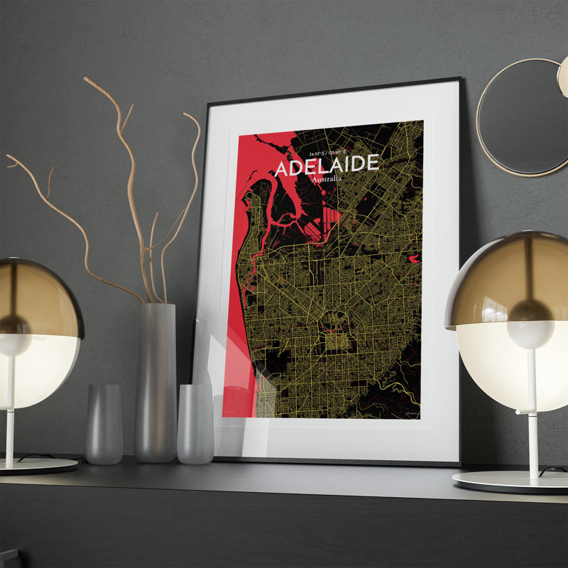 Adelaide City Map, impression, H 17 po x l 11 po, Noir / rouge / jaune