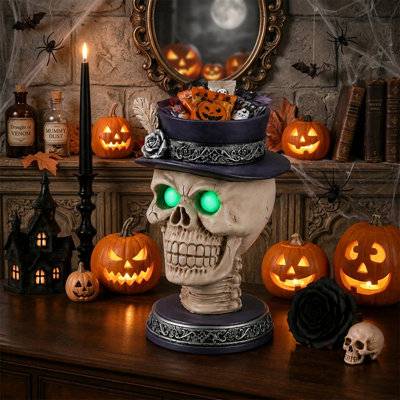 Halloween Resin Skull Candle Holder with Glowing Green LED Eyes, Gothic Skeleton Statue with Rose & Feather Black Top Hat, Spooky Tabletop Centerpiece Decor