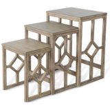 Rena 3 Piece Nesting Accent Table Set | Geometric Frame | Distressed Pebble Solid Mahogany Wood