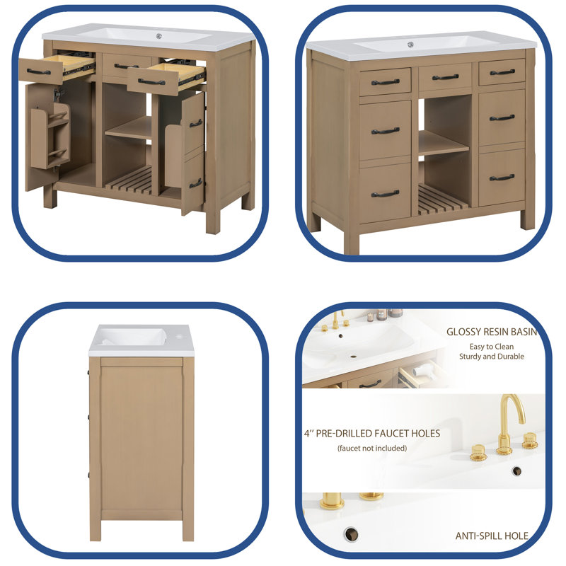 Meuble-lavabo simple 36 po avec plateau en résine Raabiah, Naturel