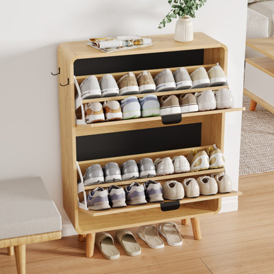 Armoire de rangement à chaussures à 2 niveaux avec tiroirs rabattables, organisateur de chaussures autoportant de 12 à 16 paires de l 16,7 po pour vestibule