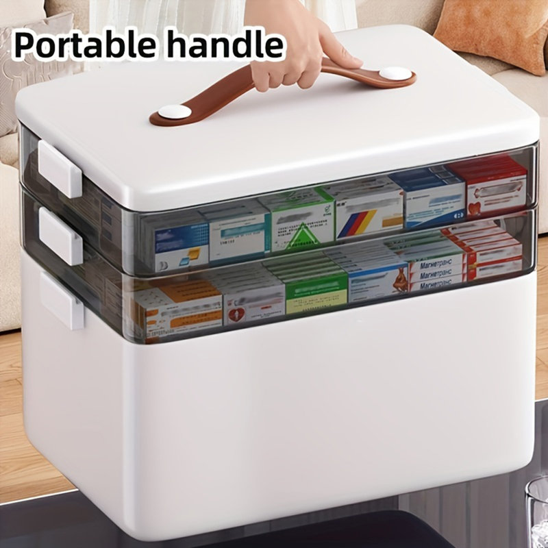 Large Capacity Medicine Storage Box With Easy- Grip Handles - Durable, Multi- Layered Plastic Pill Organizer For Household, Travel & Office Use Space Saving Sundries Storage Solution