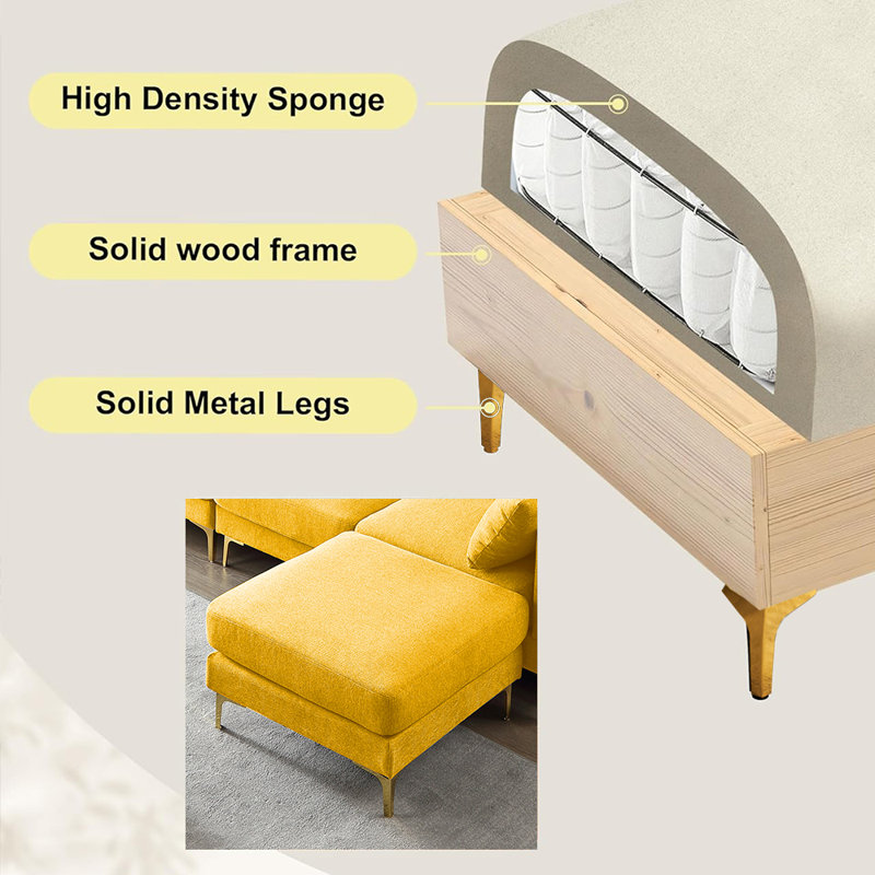 Raylean 93" L-Shaped Modular Combination Sectional Sofa with Ottoman, Yellow Polyester