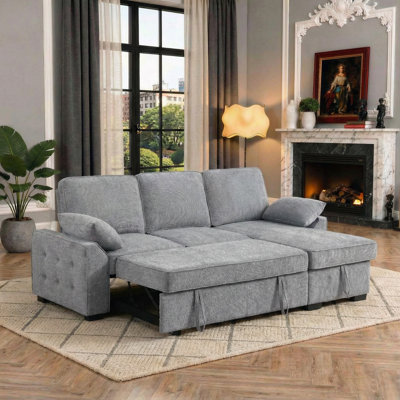 91" Chenille Convertible Sectional Sofa with Pull-Out Sleeper, Storage Chaise, Cup Holders & USB Charging