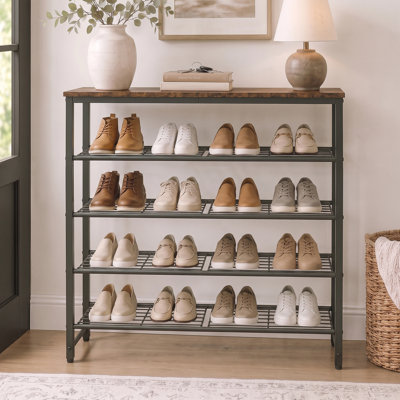 Shoe Rack Metal and Wood Design Space Saving Large Capacity Organizer for Closet Entryway Bedroom Living Room, 31.2" H x 29.5" W x 11.4" D, Brown