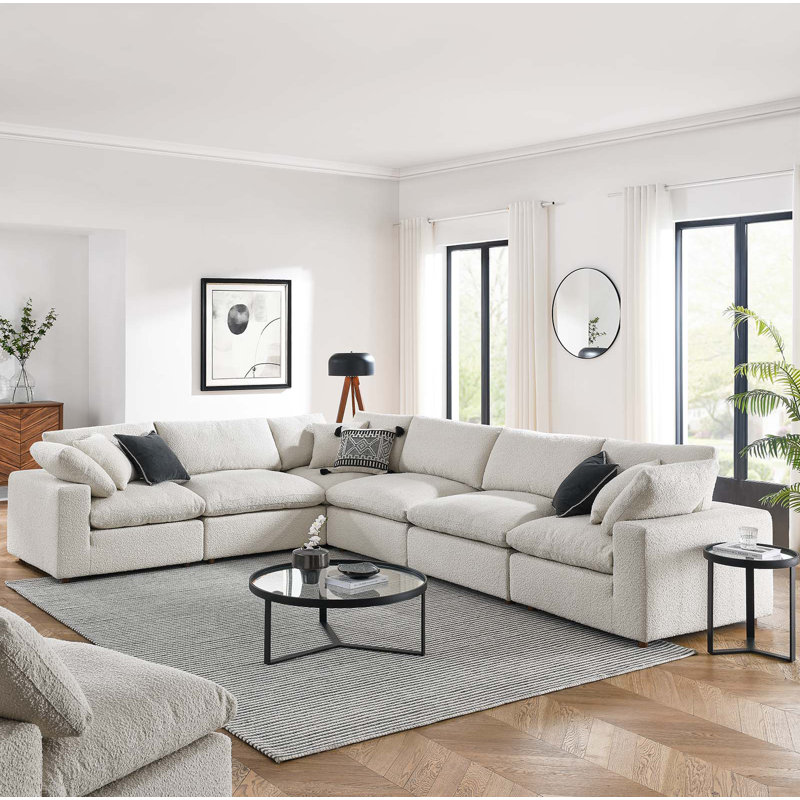 Modway Commix Down Filled Overstuffed Boucle Fabric 6-Piece Sectional Sofa, Ivory