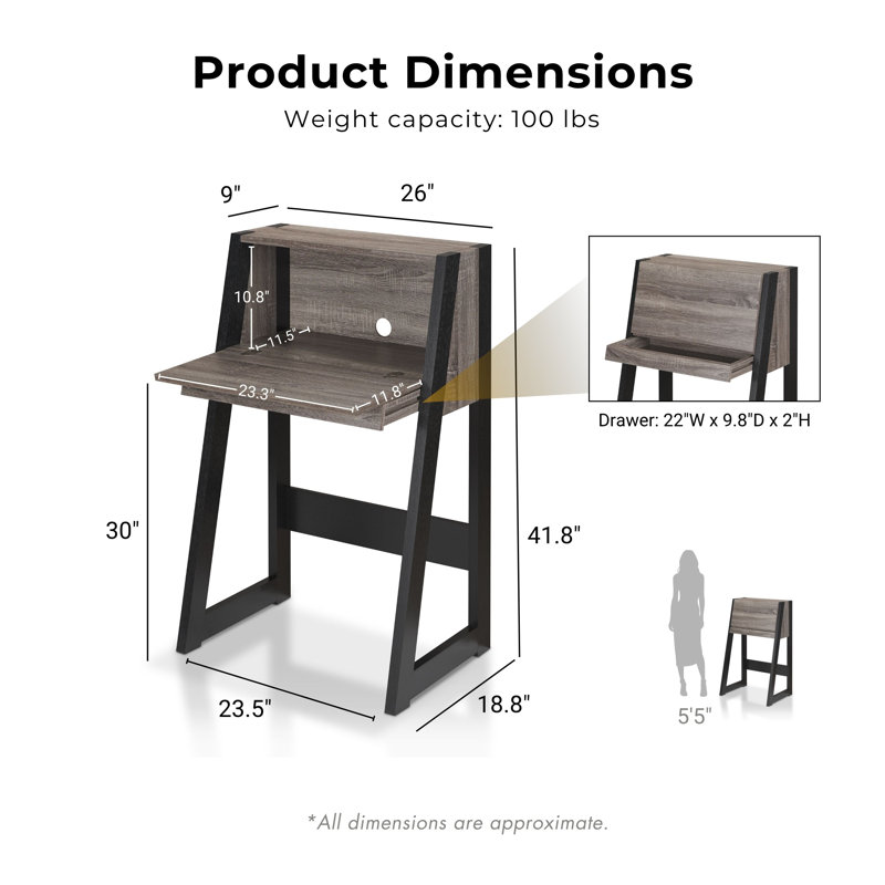 Fralick 26"W Secretary Desk with Drop-Down Work Surface, Distressed Gray/Black