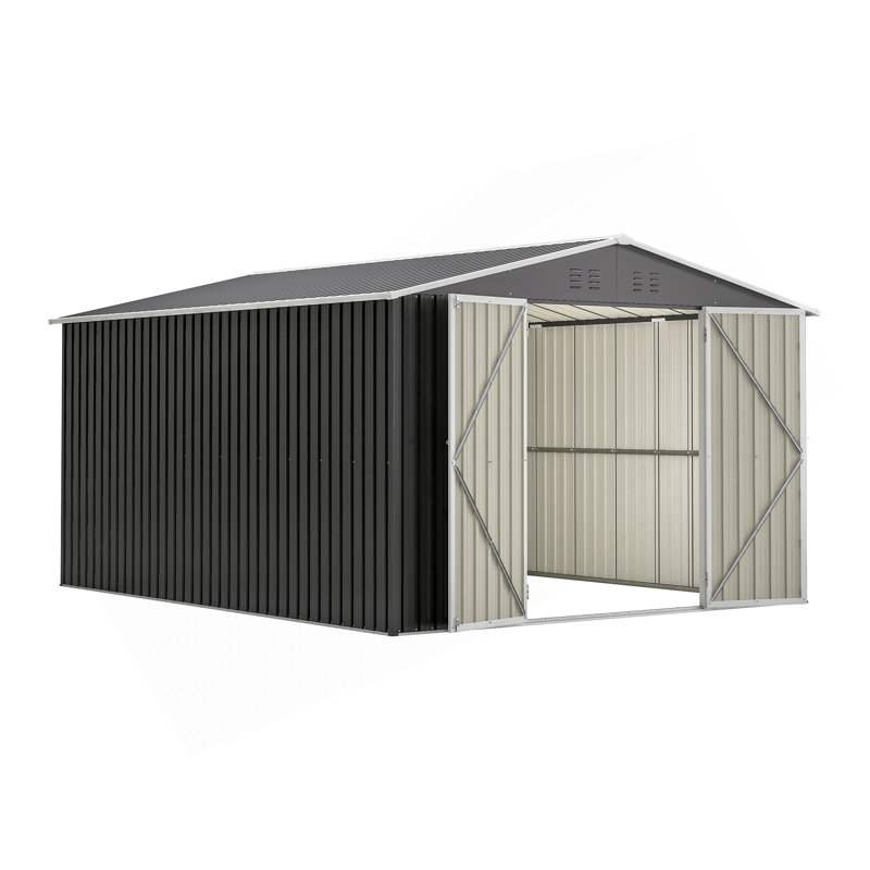 Remise de rangement extérieure 10 pi x 12 pi, rangement pour outils en métal avec portes verrouillables et structure à cadre, grande remise en métal pour la cour arrière, pelouse de patio, noir