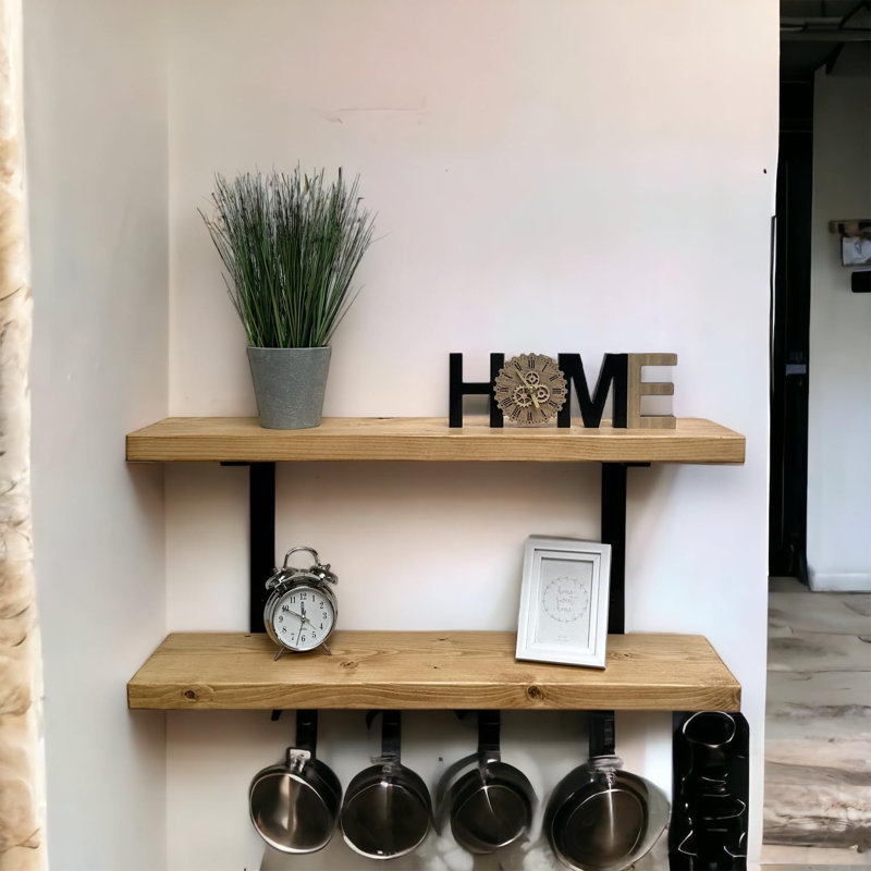 Choudhary Double Rustic Shelves Wall-Mounted Brackets Kitchen Decor, 45cm H x 60cm W x 22cm D, Rustic Pinewood