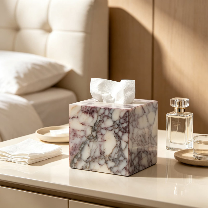 Boîte à mouchoirs carrée en marbre Calacatta Viola véritable, luxueuse boîte en pierre naturelle pour mouchoirs standard, idéale pour coiffeuse, salle de bain, bureau et comptoir.