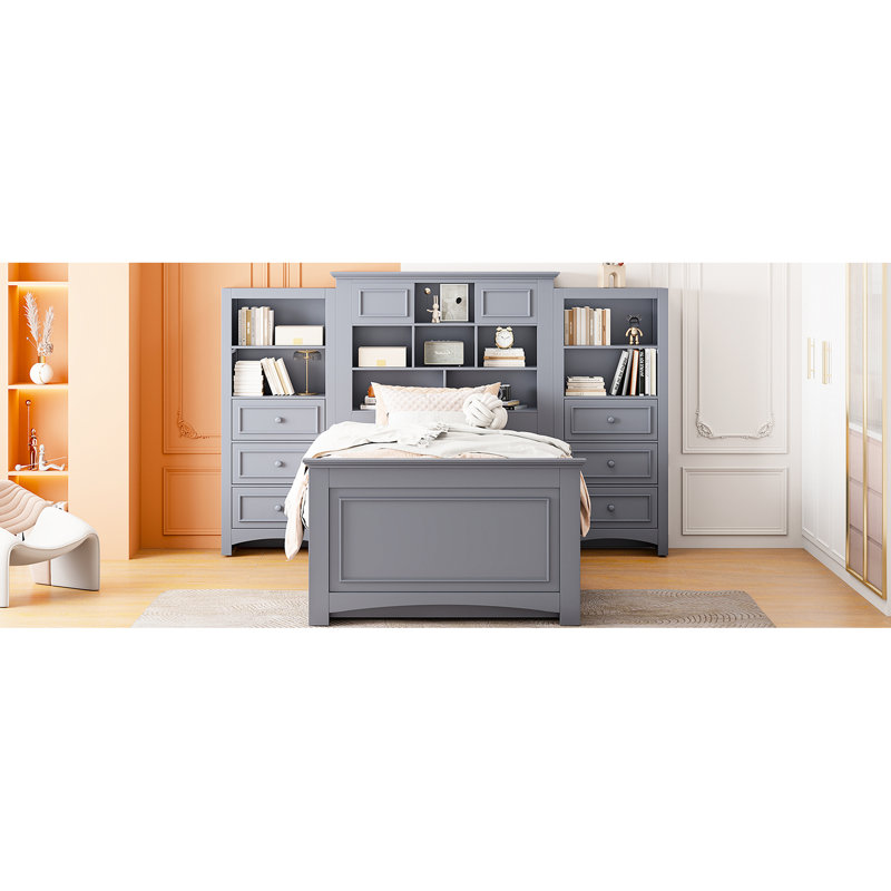 Twin Size Gray Wood Bed With All - In One Cabinet, 4 Smooth Sliding Drawers On Each Side, And 12 Storage Compartments At Headboard For Elegant Bedroom Arrangement Storage, Slide Per Tidy Living Space