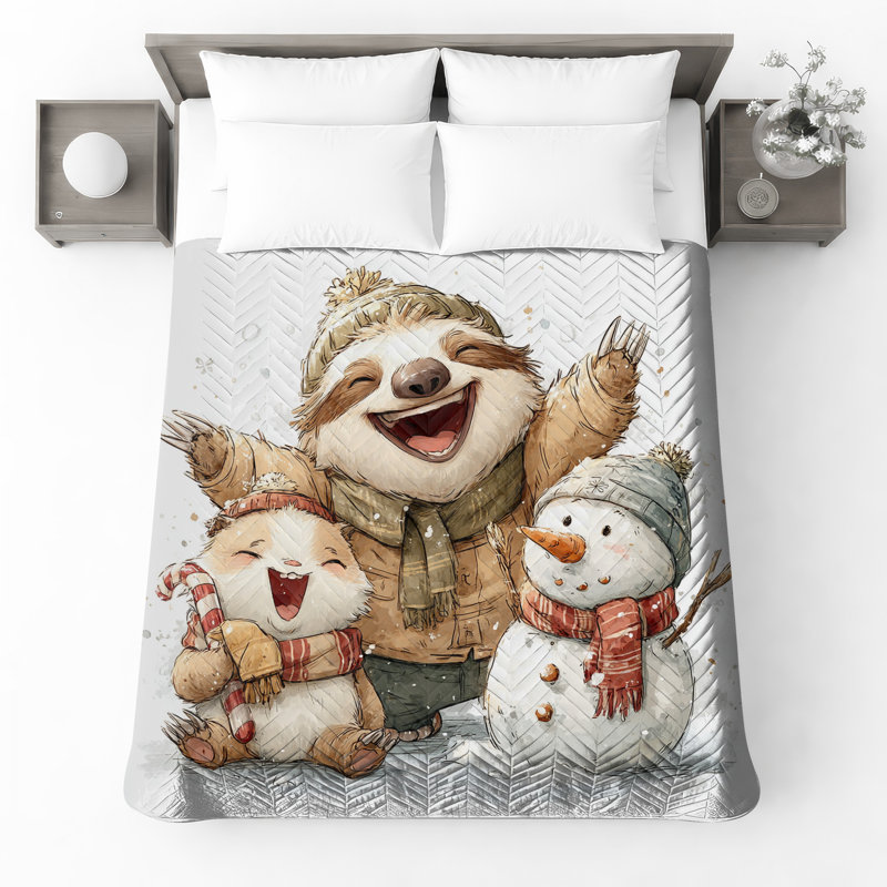 Cute Sloth Snowman Bedding Winter Bedspread Animals, Queen