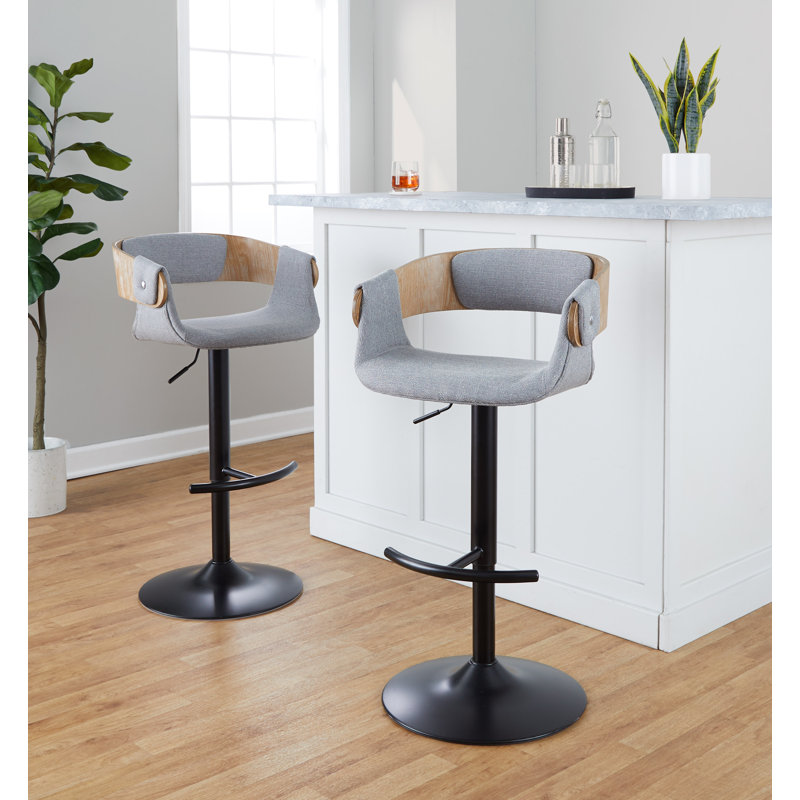 Tabouret de bar Laurenzio, Noir, Tissu gris / bois blanc délavé
