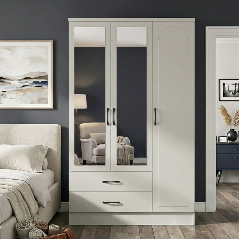 Millbury 3 Door 2 Drawer Wardrobe with Mirror, Light Grey