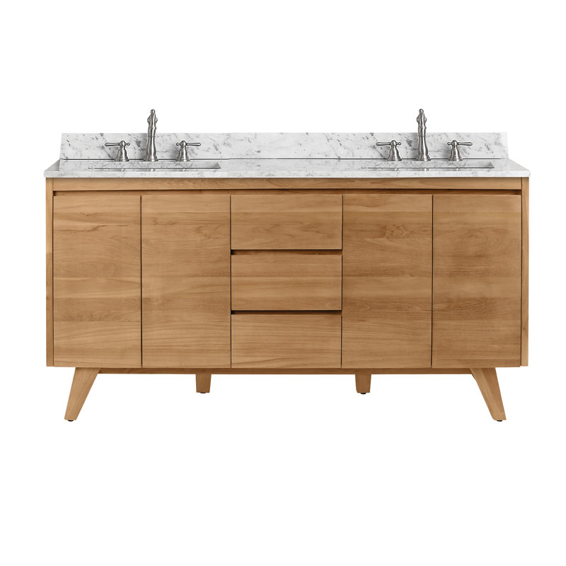 Coventry 60" Double Bathroom Vanity with Carrara Marble Top, Natural Teak