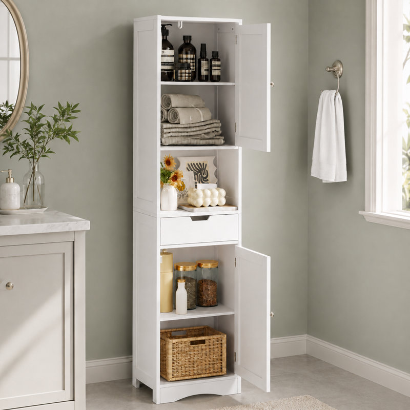Grande armoire de rangement pour salle de bain avec 2 portes, 1 tiroir et tablettes réglables
