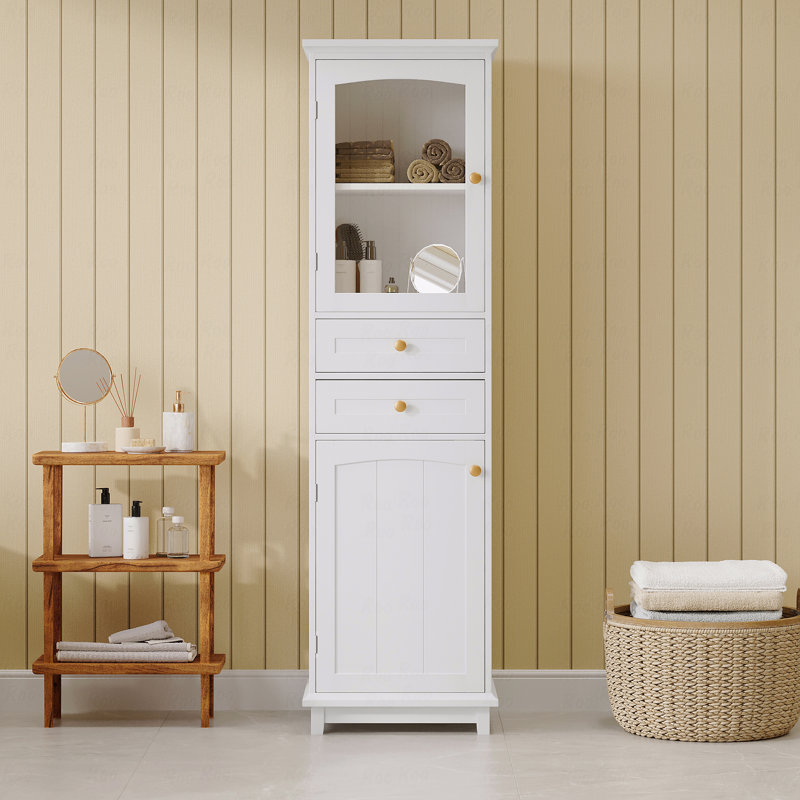 63" Tall Bathroom Storage Cabinet With Glass Doors, Free-Standing, Two Drawers, And Adjustable Shelves, White