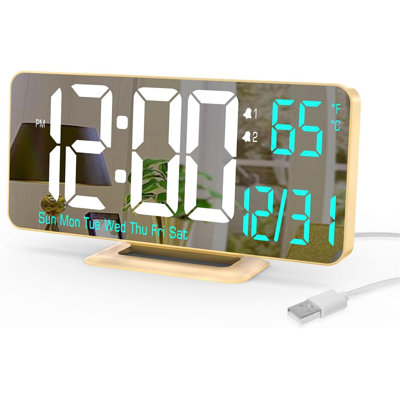 Dual Alarm Clock 6.7In Gold Desk Clock With Dimming, 12/24H