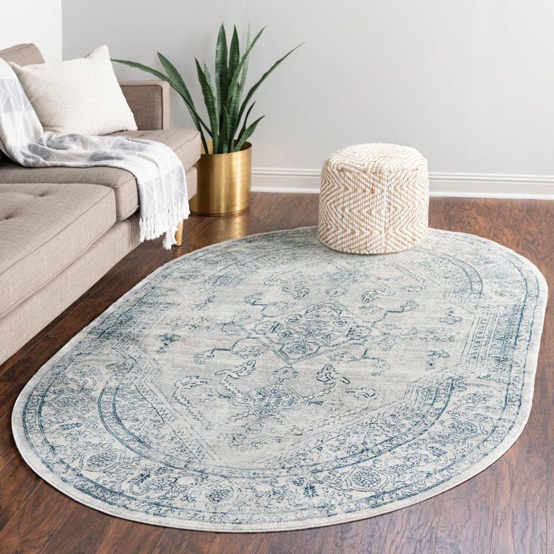 Tapis oriental gris / bleu Alabama, Ovale 4 pi x 5 pi 11 po