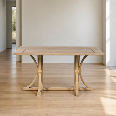 Natural washed oak 60 inch dining table seating six farmhouse design solid wood trestle frame curved legs for family kitchen