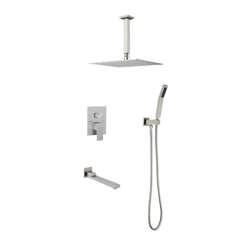 16 Inch Rainfall Shower System Combo with Handheld Showerhead and Tub Spout - Brushed Nickel Brass Bathroom Shower Fixture Set
