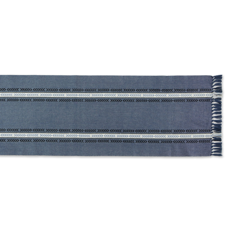 Blue Striped Cotton Table Runner with Fringe, 14x72