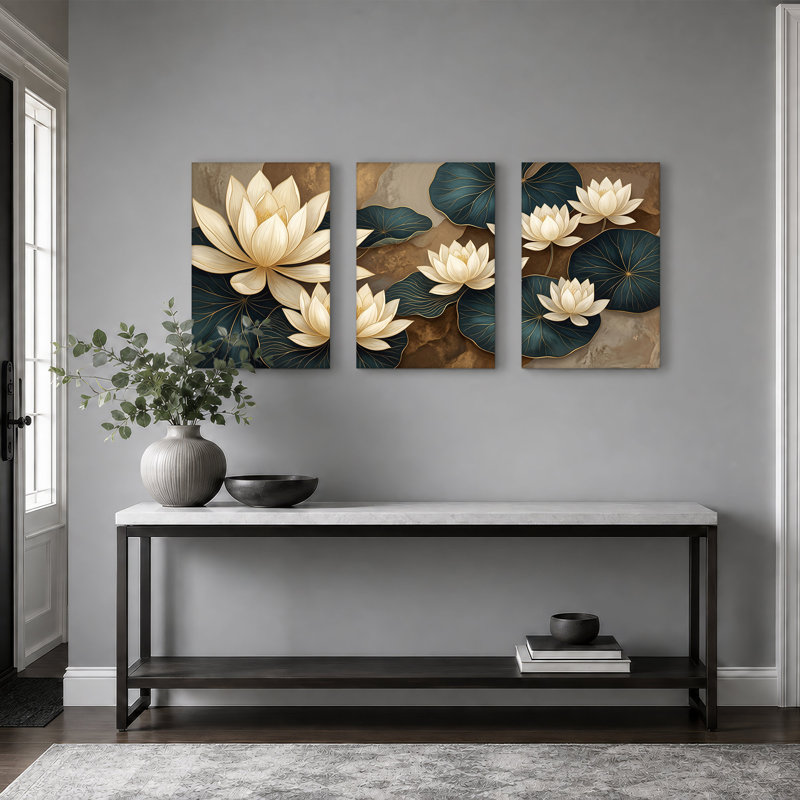 Fleurs de lotus crème avec feuilles bleu sarcelle, ensemble de 3 toiles, H 18 po x l 12 po x 3 pièces