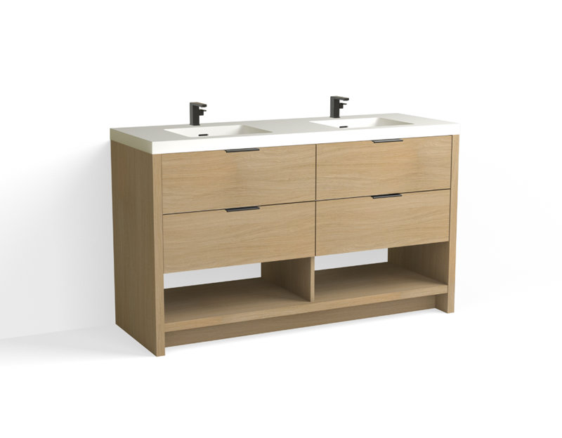 Vue 60" W Freestanding Double Bathroom Vanity, Matte White/8" Widespread, White Nanomatte, Satin Brass