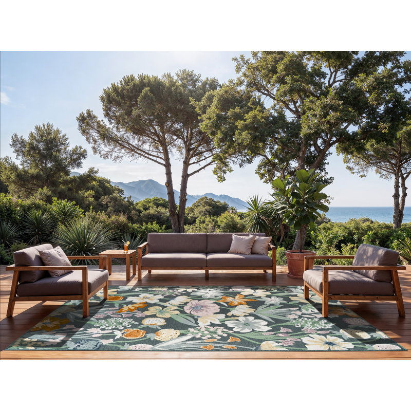 Tapis sarcelle botanique intérieur / extérieur Abani Rugs Terase SAK140A, 6 pi x 9 pi